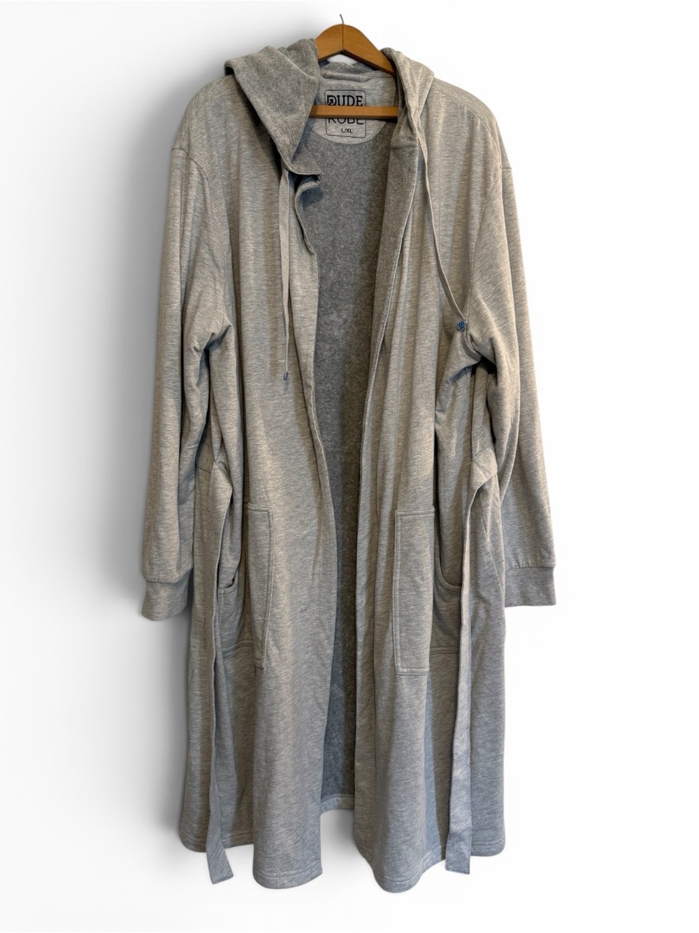 Dude Robe Mens L/XL Gray Hooded & Belted Pockets Soft Cotton Terry Cloth